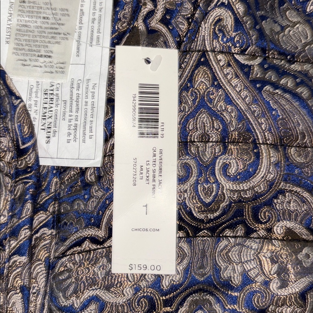 Chico's Blue & Gold/Black Reversible Quilted Shine Print Jacket Size 1 = 8 NWT - Picture 3 of 5